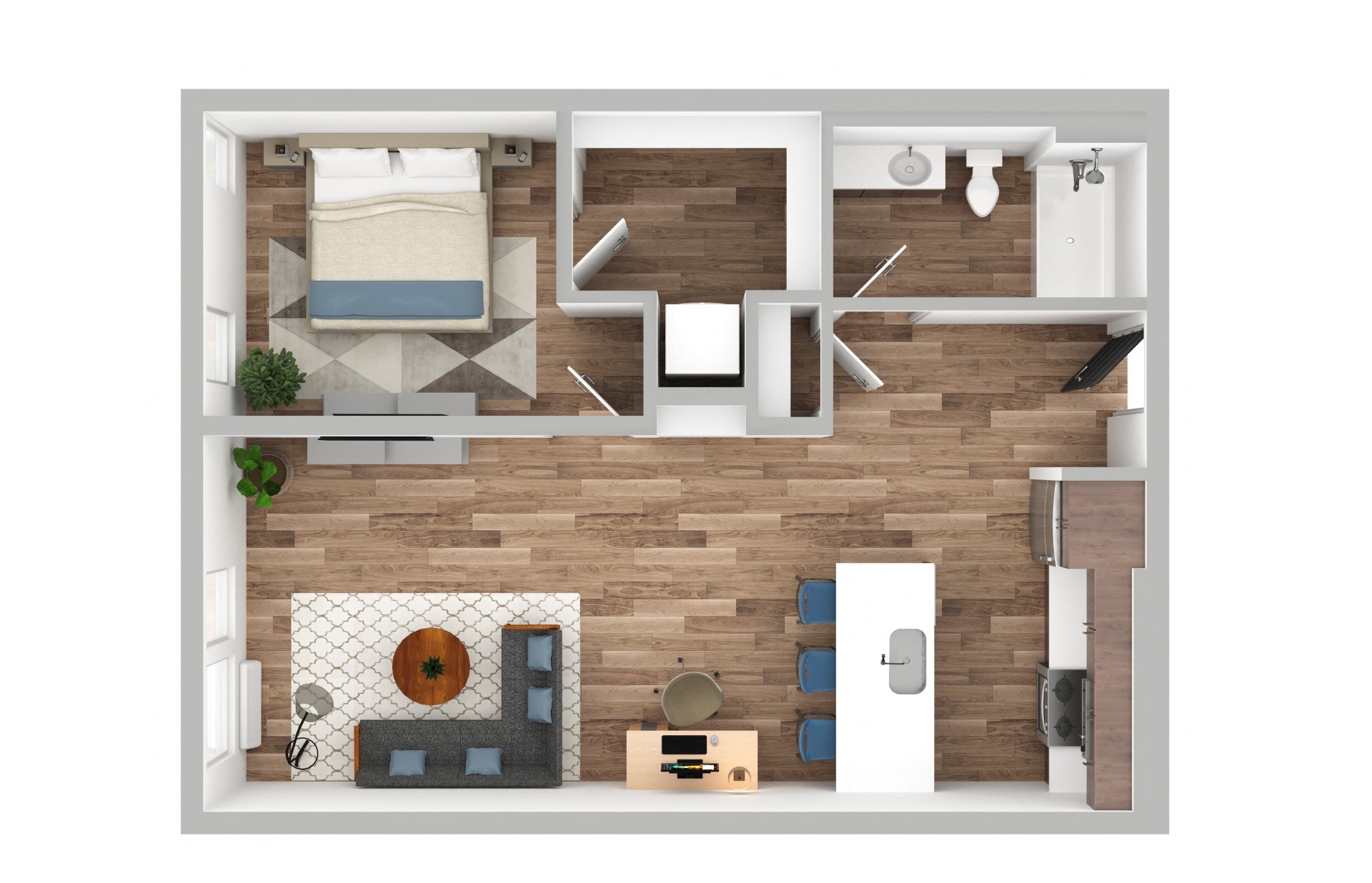 Floor plan for 1 bed, 1 bath, 715 sqft